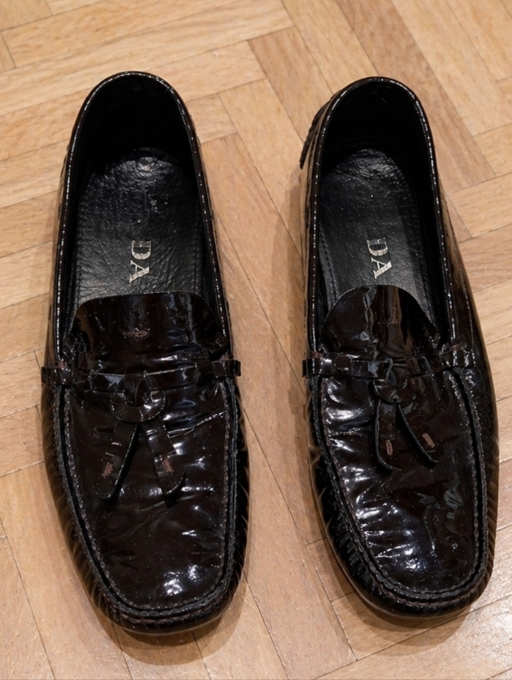 Prada Men's Very Dark Brown Patent Leather Tassel Loafers.Size 6